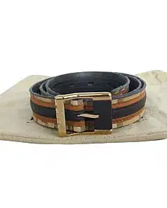 Burberry Leather & Coated Plaid Canvas Belt
