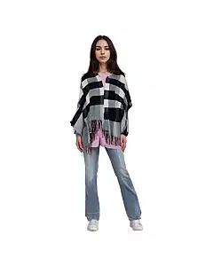 Burberry Archive Beige And Black Check Fringed Wool Cashmere Jacquard Poncho Cape With Fur
