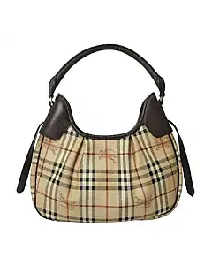 Burberry Chocolate Brown Leather Haymarket Check Coated Canvas Chain Strap Hobo Bag
