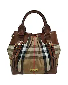 Burberry Brown House Check Fabric and Leather Bridle Tote