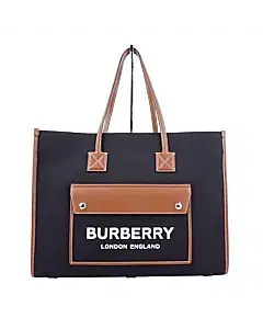 Burberry Freya Medium Tote In Black Canvas And Brown Leather