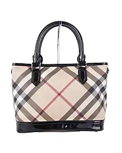 Burberry Black Beige Nova Check PVC And Patent Leather Snap Tote