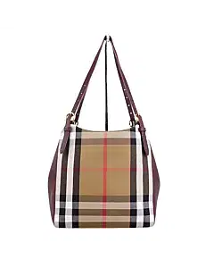 Burberry Canterbury Mahogany Leather Check Canvas Tote Bag