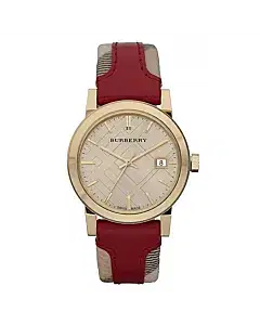 Burberry BU9111 Women's Swiss Haymarket Check Fabric & Red Leather Band Watch