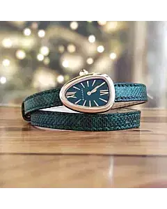 Bvlgari Serpenti 27 MM Rose Gold Green Dial Double Spiral Green Karung Strap