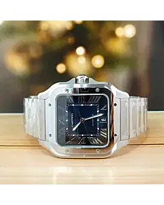 Cartier Santos De Cartier Blue Dial Steel & Leather Bracelet Full Set