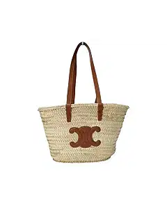 Celine Teen Supple Celine Classic Panier In Raffia And Calfskin Tan