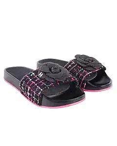 Chanel Black And Pink Tweed Camellia Embellished Flat Slides,Size 38