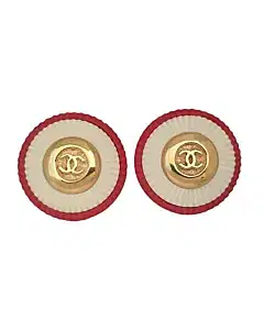Chanel Vintage CC Logo Red and White Round Earrings