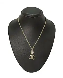 Chanel Coco Mark Rhinestone Pearl Necklace Light Gold