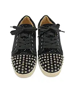 Christian Louboutin Black Glitter Suede Louis Junior Spikes Sneakers