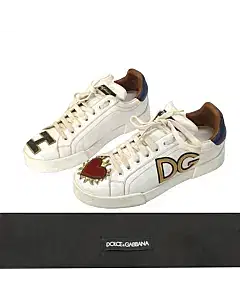Dolce And Gabbana White Leather Portofino Sacred Heart Sneakers