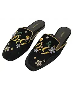 Dolce & Gabbana Black Velvet DG Embroidery Mule