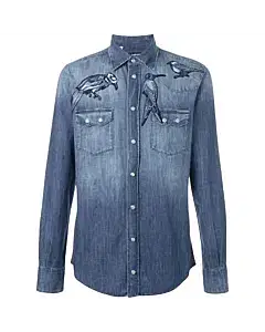 Dolce & Gabbana Men's Gray Bird Embroidered Denim Shirt