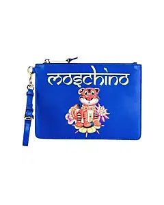 Moschino Blue Leather Jewelled Tiger Clutch