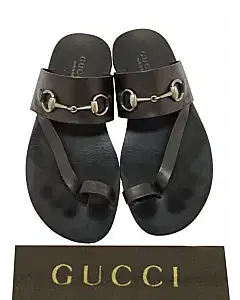 Gucci Black Leather Silver Horsebit Toe Strap Sandals