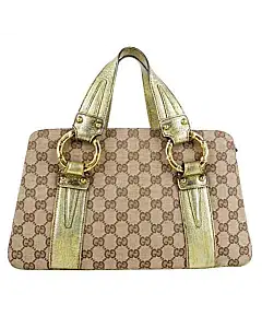 Gucci Metallic / Beige GG Canvas And Leather Bamboo Ring Satchel