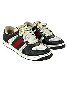 Gucci Screener Black And White Leather Web Stripe Low Top Sneakers