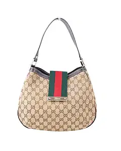 Gucci Beige/ Brown Web-Detail Monogram Canvas Hobo Bag
