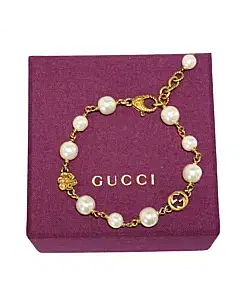 Gucci Interlocking G Gold Plated Flower Motif Faux Pearl Bracelet