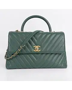 Chanel Green Small Chevron Quilted Caviar Leather Coco Handle Bag