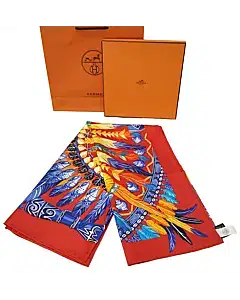 Hermes Silk La Danse Pacifique Scarf 90 Rouge Bleu Vif Bouton D'O