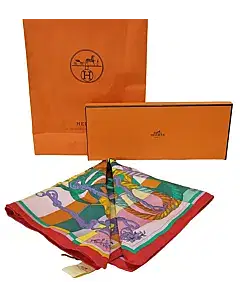 Hermes 2016 Red Pink Turquoise Della Cavalleria By Virgnie Jamin Gavroche Pocket Scarf