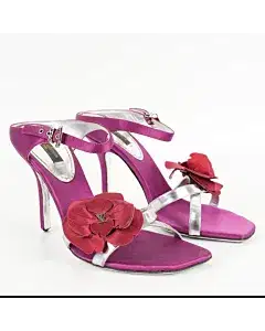 Louis Vuitton Magenta/Silver Satin And Leather Flower Applique Strap Sandals