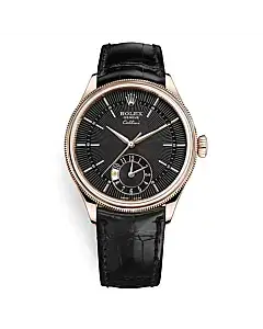 Rolex Cellini 50525 Black Dial Leather Strap Dual Time 39mm Watch