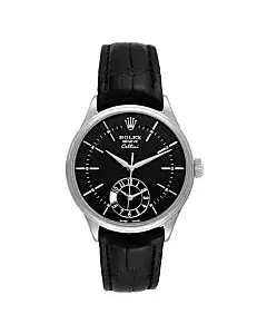 Rolex Cellini 50529 Black Dial Leather Strap Dual Time 39mm Mens Watch
