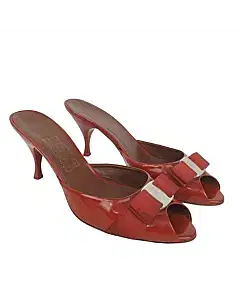 Salvatore Ferragamo Red Patent Leather Vara Bow Slide Sandals