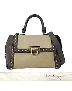 Salvatore Ferragamo Sofia Canvas and Leather Medium Top Handle Bag