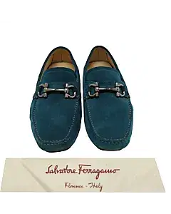 Salvatore Ferragamo Turquoise Suede Parigi Gancini Driver Loafer