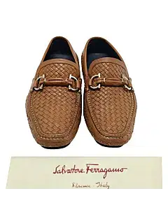 Salvatore Ferragamo Brown Barbados Woven Gancini Bit Driver Loafers