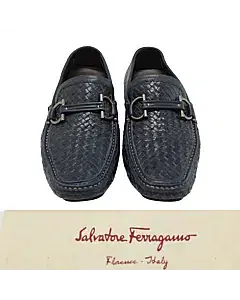 Salvatore Ferragamo Navy Barbados Woven Gancini Bit Driver Loafers