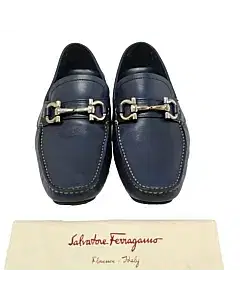 Salvatore Ferragamo Navy and Green Leather Parigi Gancini Bit Driver Loafers