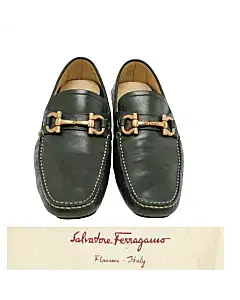 Salvatore Ferragamo Olive Green  Leather Parigi Gancini Bit Driver Loafers