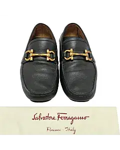 Salvatore Ferragamo Black Gold Parigi Gancini Bit Driver Loafers