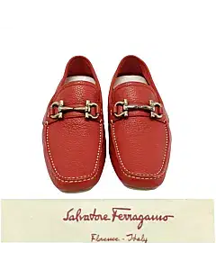 Salvatore Ferragamo Red and White Leather Parigi Gancini Bit Driver Loafers