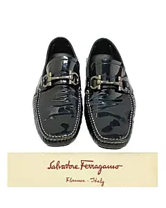 Salvatore Ferragamo Black Patent Leather Parigi Gancini Bit Driver Loafers