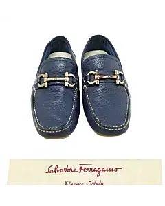 Salvatore Ferragamo Blue and White Leather Parigi Gancini Bit Driver Loafers