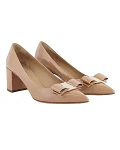Salvatore Ferragamo Beige Patent Leather Pointed Toe Vara Bow Pumps