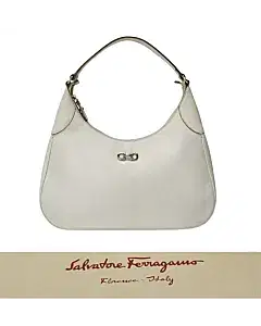 Salvatore Ferragamo White Pebbled Calf Leather Romana Hobo Bag