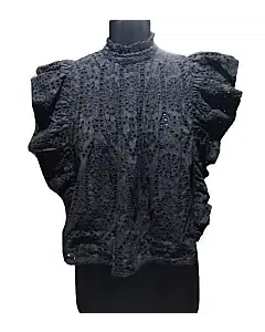 Ganni High-Neck Cropped Eyelet Ruffle Top