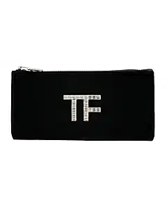Tom Ford Velvet Clutch Bag with Crystal TF Logo in Black