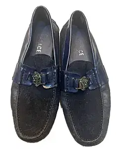 Versace Navy Blue Leather and Suede Medusa Slip On Loafers
