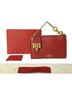 Valentino Rockstud Twist Lock Red Leather Zip Wallet