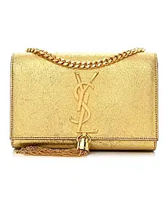 Saint Laurent Gold Metallic Leather Classic Monogram Tassel Flap Bag