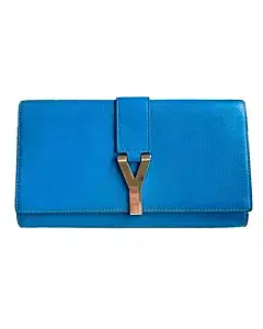 YSL Saint Laurent Blue Calfskin Leather Ligne Y Chain Clutch