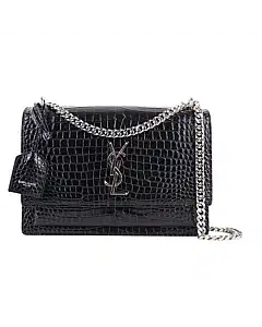 Saint Laurent Black Shiny Croc Embossed Leather Medium Sunset Shoulder Bag